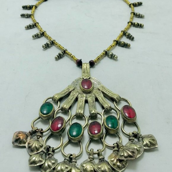 Pendant Necklace, Tribal Big Pendant With Red and Green Glass Stones and Beaded - Picture 7 of 11